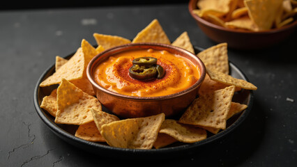 Creamy cheese dip served in bowl, surrounded by crispy tortilla chips, garnished with jalapenos, perfect for snacking and sharing