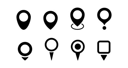 Set of location pin icons in black and white minimalist design
