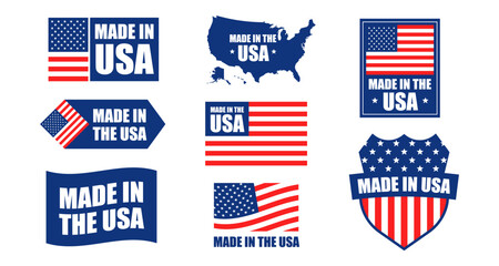 Patriotic labels featuring made in usa badges and american flag designs