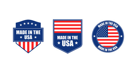 Made in the usa badges with american flag design and stars on white background