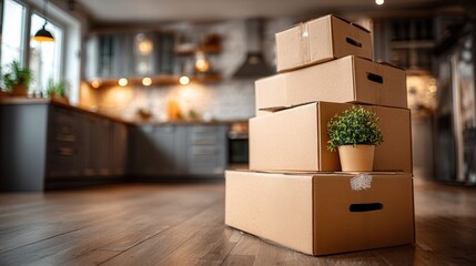 Pile of moving boxes stacked in empty room