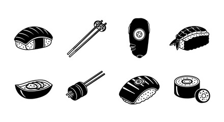Sushi Set Traditional Japanese Cuisine with Chopsticks in Black and White