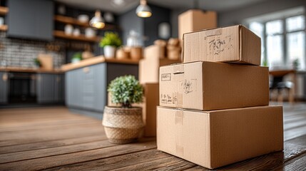 Pile of moving boxes stacked in empty room