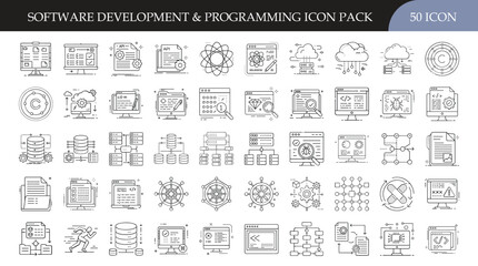 Software development and programming icon pack set - Vector pack of 50 software development icons featuring coding, cloud computing, data, applications, and programming symbols for digital