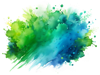 Energetic Green Blue Watercolor Paint Burst Abstract Art splash isolated on a transparent background