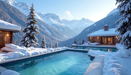 Tranquil Blue Pool in Snowy Mountain Valley with Cozy Cabins