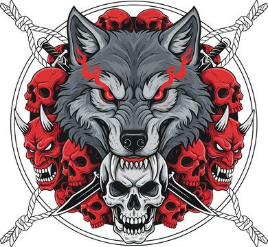 Angry Wolf Head with Red Skulls and Japanese Oni Masks in a Circle Vector Illustration