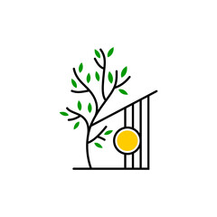 Minimalist house logo with round windows and shady trees