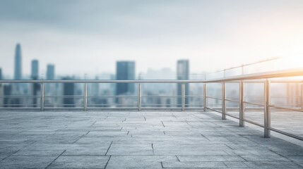 Fototapeta premium Cityscape View from Modern Rooftop Terrace with Metal Railing and Urban Skyline Background