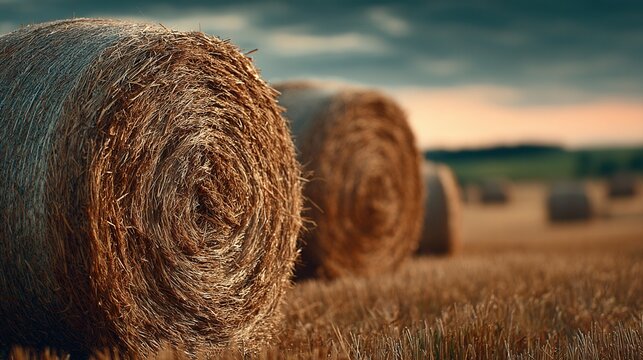 Round hay stacks in meadow with gradient pink sky