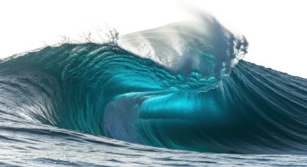 Powerful, translucent blue ocean wave barreling and crashing with white spray, backlit on an abstract, luminous background, high-angle medium shot. Dynamic corporate metaphor
