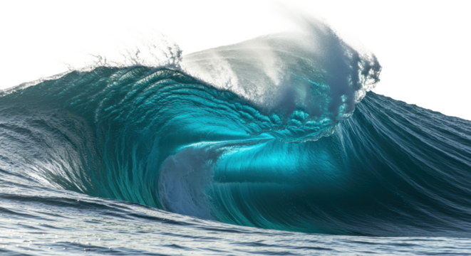 Powerful, translucent blue ocean wave barreling and crashing with white spray, backlit on an abstract, luminous background, high-angle medium shot. Dynamic corporate metaphor