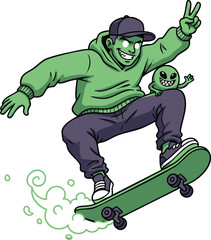 Skateboarder with a Creepy Green Alien Friend Doing an Ollie Trick Vector Illustration