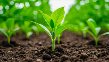 A single green seedling with a few leaves grows from a pile of dark brown soil. Other plants are blurred in the background.