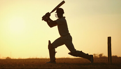 Cricket Batsman Silhouette at Sunset