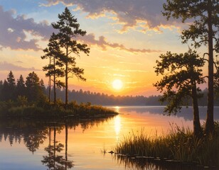 Fototapeta premium A beautiful and serene sunset over a calm lake with tall pine trees reflecting in the golden-hued water under a partly cloudy sky.