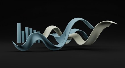 Modern abstract data visualization with flowing curves and bar graph elements on a dark background