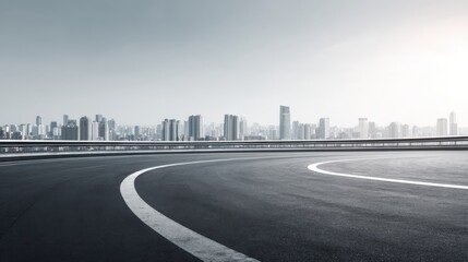 Fototapeta premium Elevated Asphalt Road Leading to Modern Cityscape, Depicting Urban Development and Transportation Infrastructure