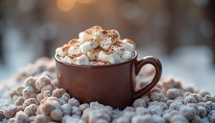 Warm Brown Mug Filled with White Marshmallows and Cocoa Powder