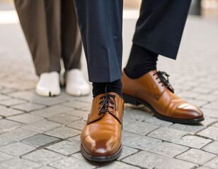 Close-up of feet in shoes on pavement