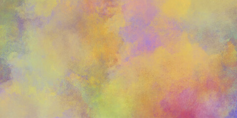 Abstract colorful watercolor drawing on a paper image, with puffy clouds in bright rainbow colors of pink blue yellow orange and purple, fantasy smooth light pink watercolor painted background.