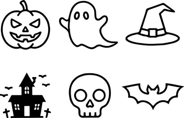 Obraz premium Clean Halloween outline icon set with 6 designs: pumpkin, ghost, witch hat, haunted house, skull, and bat. Perfect for stickers, posters, and seasonal graphic design