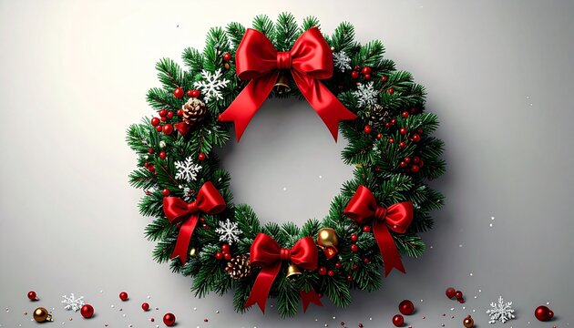 3D Christmas wreath with pine leaves, red ribbons, golden bells