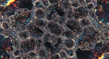 Intricate fractal structure with shimmering light reflections, abstract organic texture, digital art