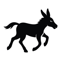 Silhouette of a running donkey isolated on white background with long ears