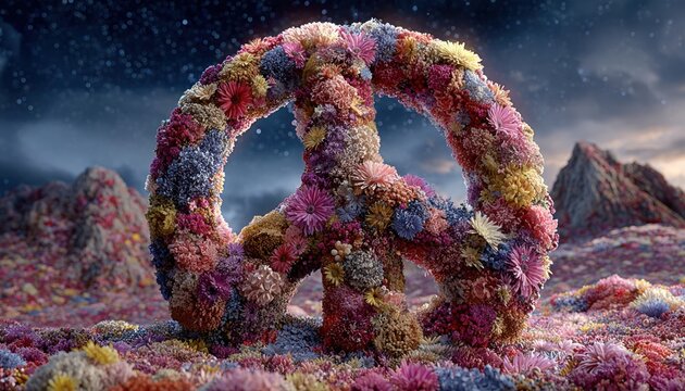 A glowing peace sign made of flowers floating in a starry night sky, dreamy and surreal