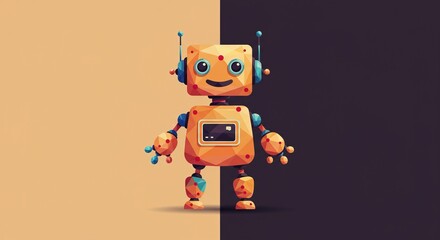 Friendly geometric robot character with big eyes, perfect for tech innovation and playful branding