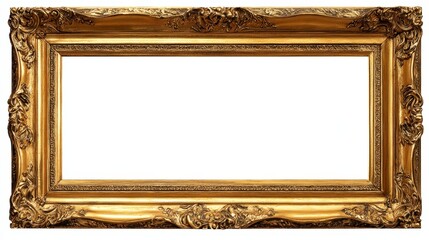 Ornate Gold Picture Frame with Blank White Interior, Classic Decorative Element, Isolated Design Resource