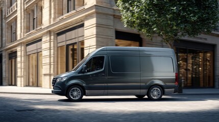 Modern Dark Gray Van Parked on City Street for Commercial Delivery or Passenger Transport
