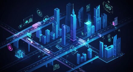 Dynamic smart city network with futuristic transport and data visualization