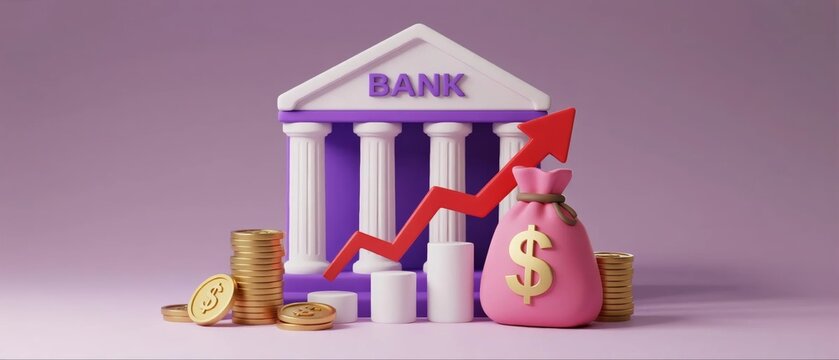 Bank building with money and growth chart