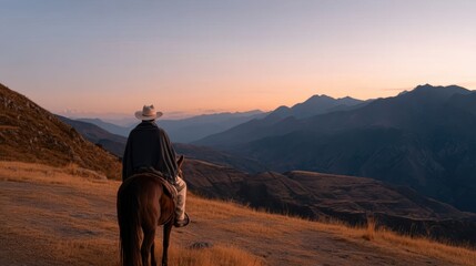 Serene Evening Landscape with a Horse Rider Overlooking Majestic Mountain Views at Sunset