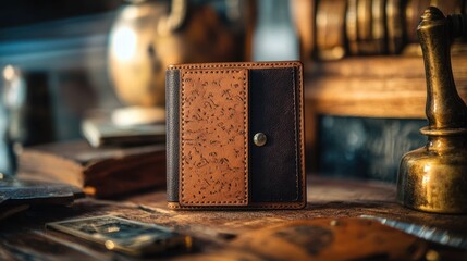 Elegant Brown Leather Wallet on Wooden Table