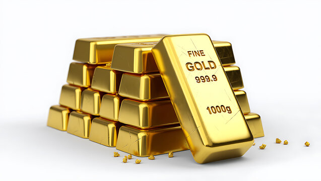 A neat stack of shiny, fine gold bars, with one bar prominently labeled 'FINE GOLD 999.9 1000g'.