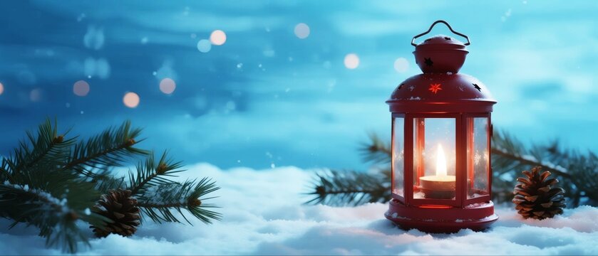 Red lantern in snow with pine branches