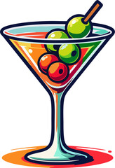 Colorful Cartoon Martini Glass with Mixed Olives – Vibrant Cocktail Vector Illustration