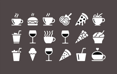Diverse Food and Drink Icon Collection for Menus, Cafes, Restaurants, Cooking Projects, Digital Graphics, and Visual Branding Resources