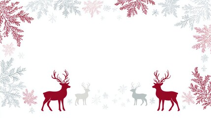 Festive winter illustration featuring red and gray reindeer surrounded by delicate snowflakes and frosty foliage, creating a cheerful holiday atmosphere with ample copy space