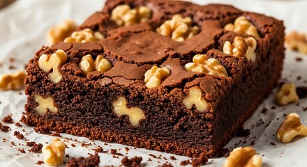Delicious rich chocolate walnut brownie slice on a plate with crumbs and nuts