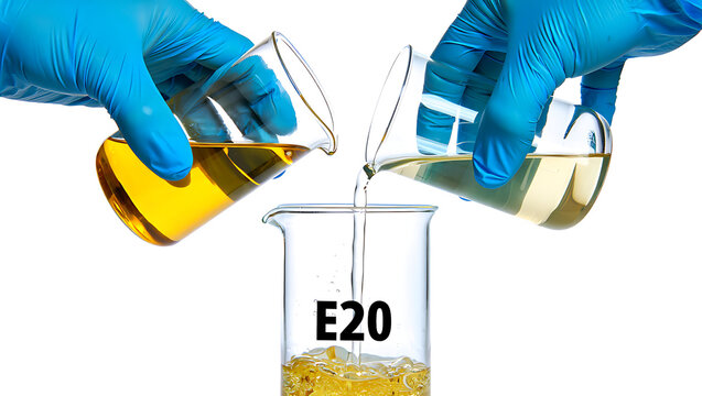 Gloved hands in a laboratory mixing two different liquids into a beaker to create E20 biofuel.