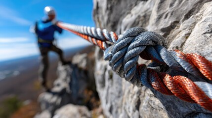 Close-up of a climbing rope secured on a rocky surface with a climber in the background, highlighting the thrill and challenge of rock climbing.