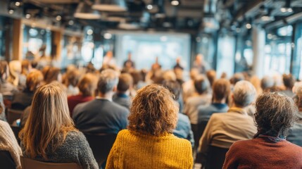 Fototapeta premium Audience Attending Conference: Business Professionals Participating in Seminar Event, Focus on Audience Engagement and Event Experience
