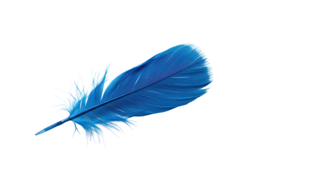 Highly detailed vibrant blue feather with intricate textures on a pristine transparent studio background, minimalist composition, concept of corporate innovation and refined quality.