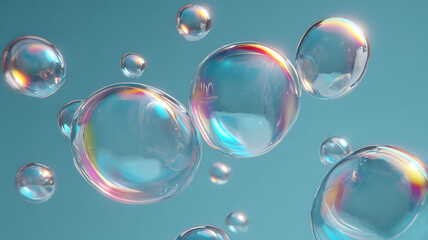 Fototapeta premium Floating Soap Bubbles with Iridescent Reflections on a Blue Background