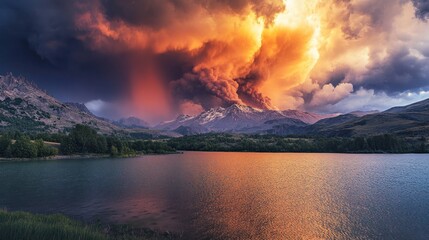 Fiery Sunset Over Mountain Lake