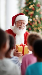 Joyful Santa Claus in festive attire, presenting a beautifully wrapped gift to excited children, surrounded by a decorated Christmas tree and warm holiday atmosphere
